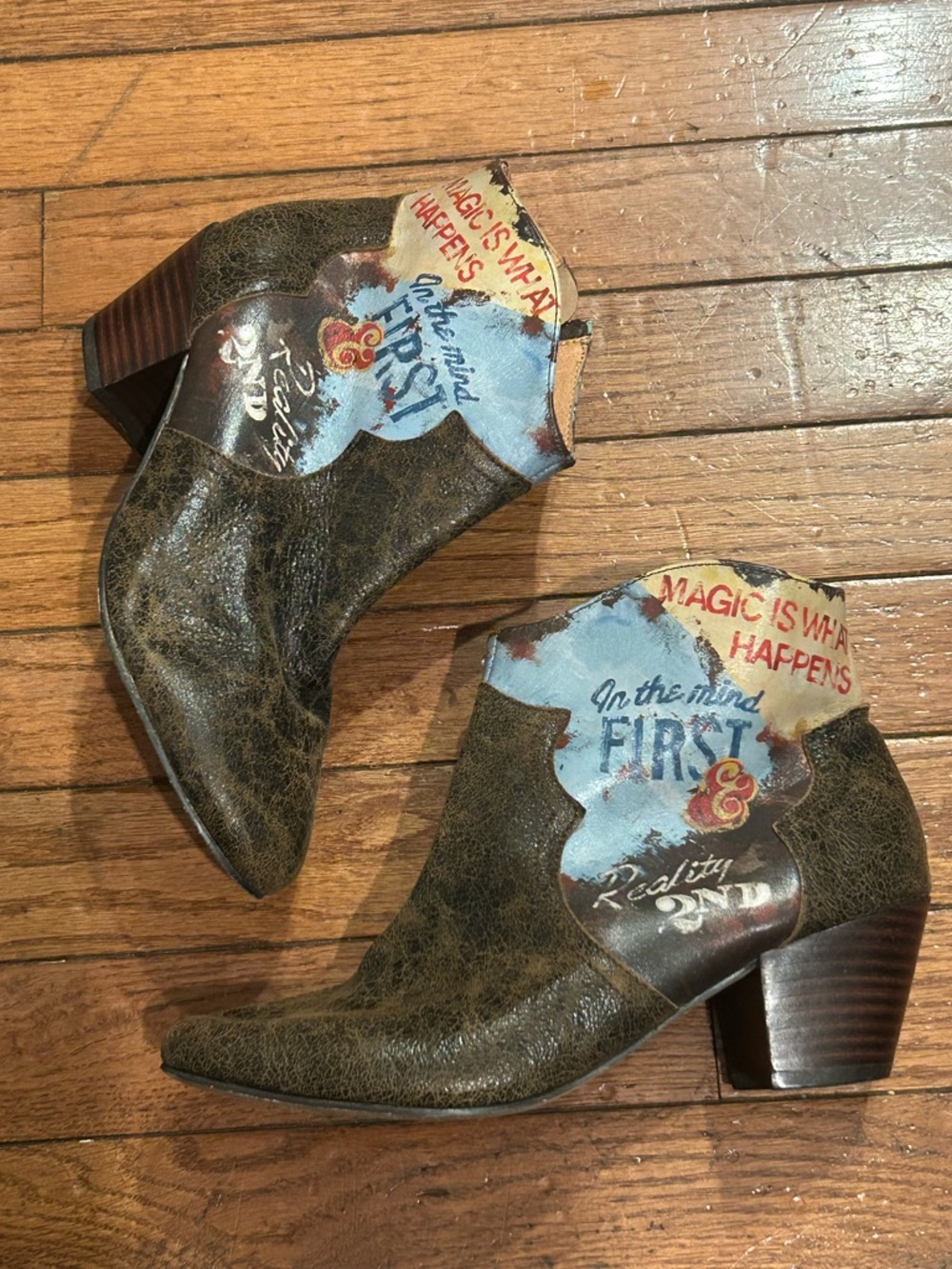 Icon Women’s Distressed Green Western Ankle Boots - Graphic Accent